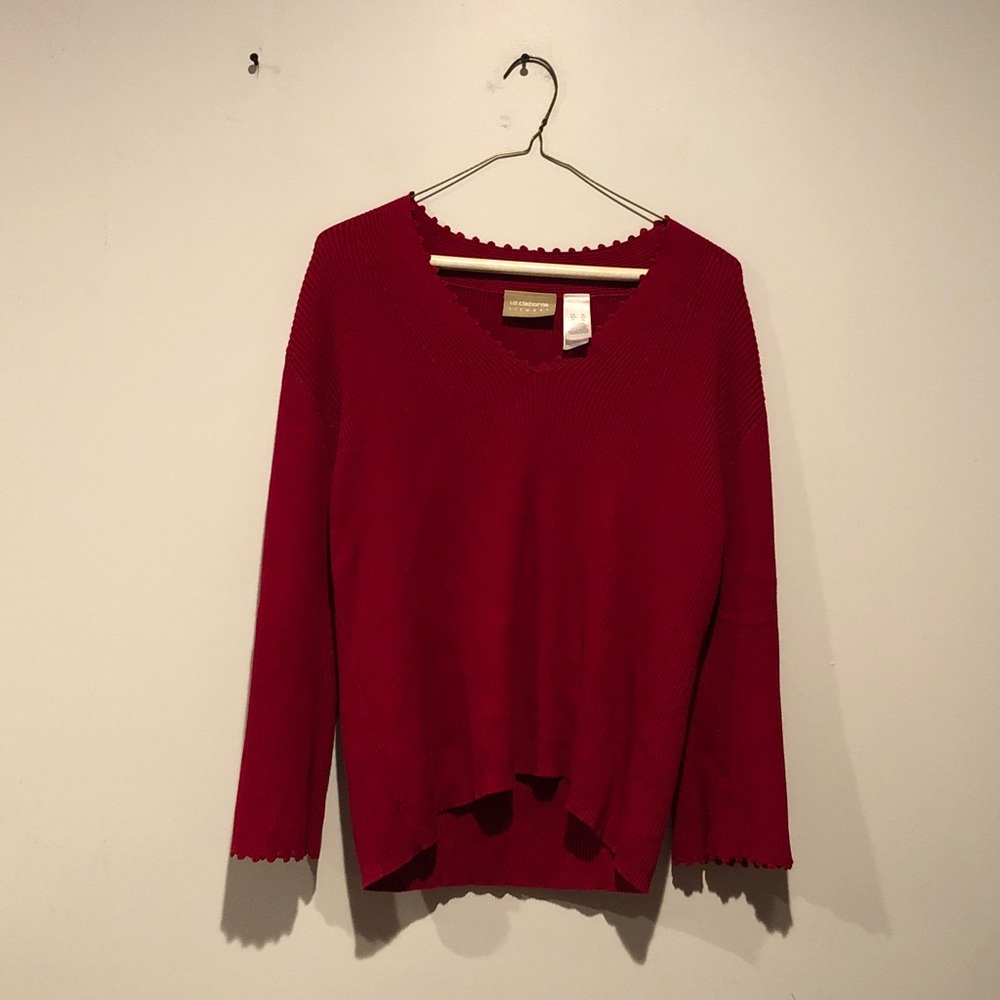 Liz Claiborne Ribbed Knit Scalloped Hem V-Neck Sweater